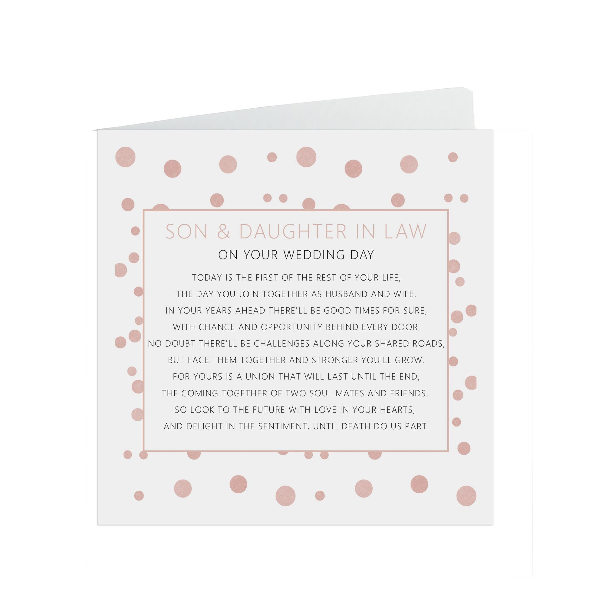 Son & Daughter In Law On Your Wedding Day Card, Blush Confetti 6x6 Inches In Size With A White Envelope