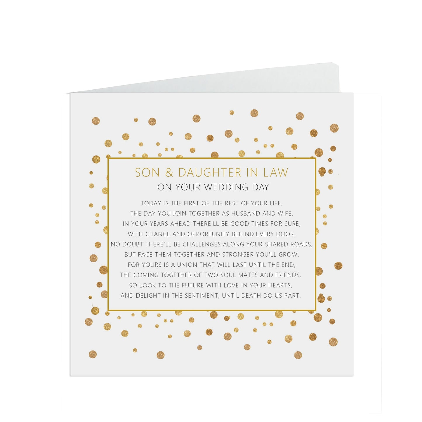 Son & Daughter In Law On Your Wedding Day Card, Gold Effect Confetti 6x6 Inches With A White Envelope