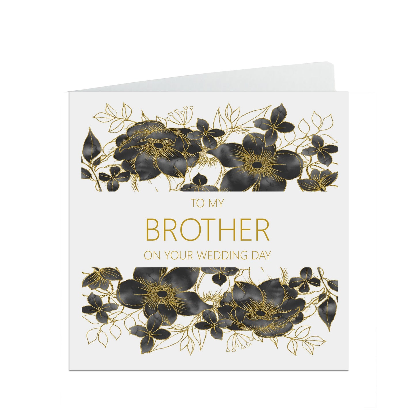 Brother On Your Wedding Day Card, Black & Gold Floral 6x6 Inches With A White Envelope