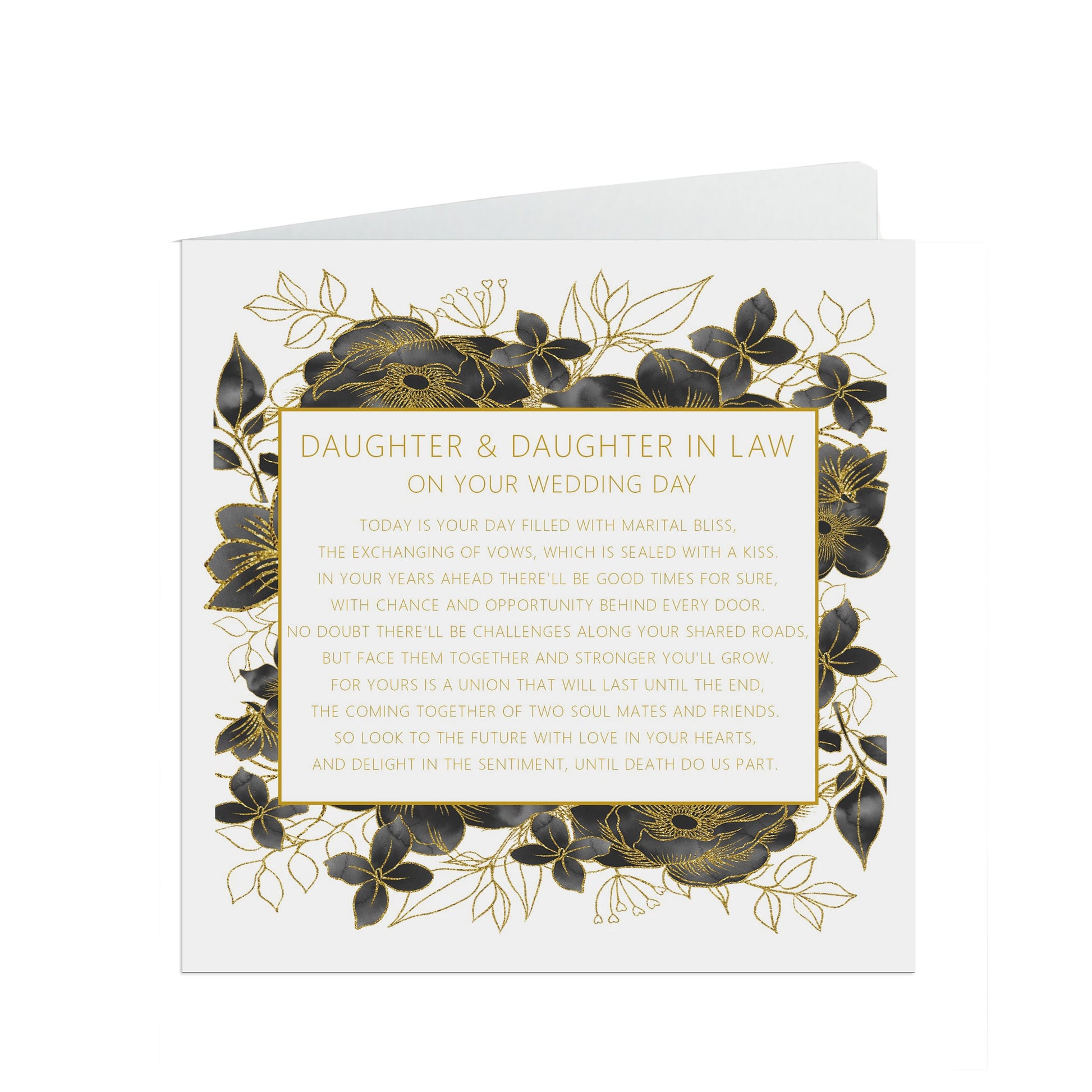 Daughter & Daughter In Law On Your Wedding Day Card, Black And Gold Floral 6x6 Inches With A White Envelope
