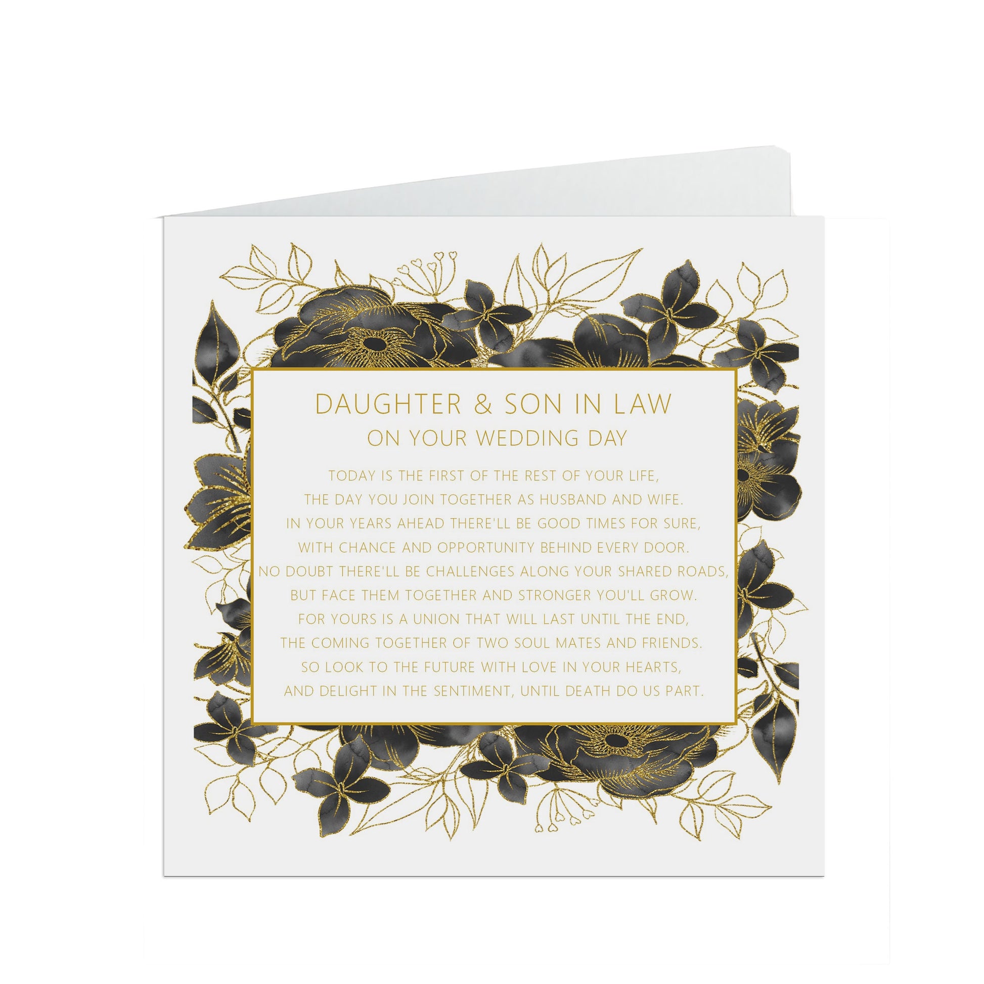 Daughter & Son In Law On Your Wedding Day Card, Black And Gold Floral 6x6 Inches With A White Envelope