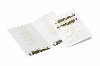 Order Of Service 4, 8 Or 12 Page Booklet, Black & Gold Floral A5 Fully Printed For Wedding Service