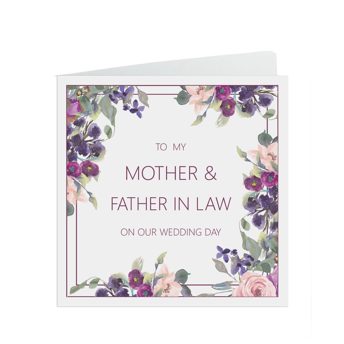 Mother & Father in law Wedding Day Card, Purple Floral 6x6 Inches With A Kraft Envelope
