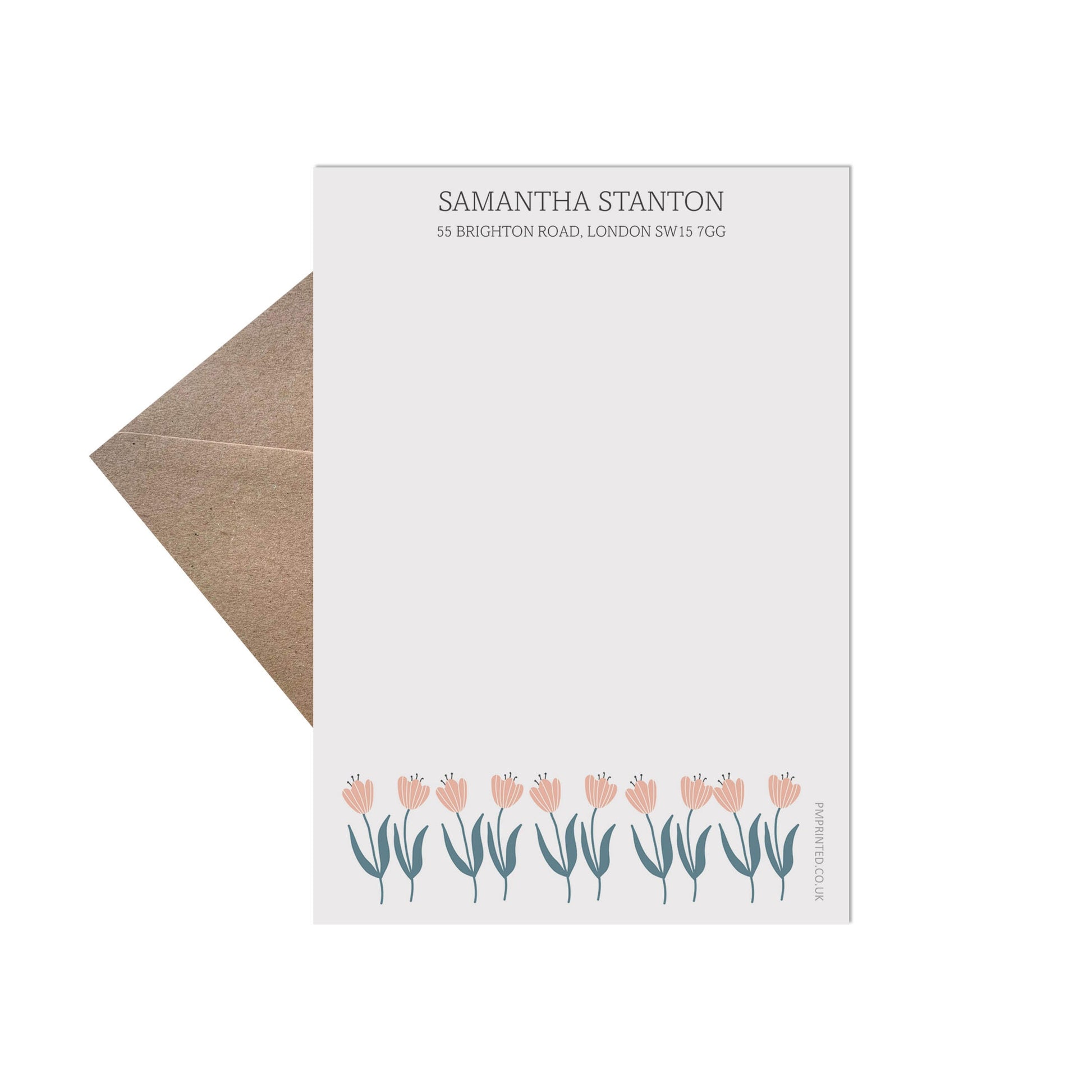 Personalised Adult Letter Writing Set, Tulip Design 20 Sheets Of Writing Paper & 20 Kraft Envelopes - PMPrinted