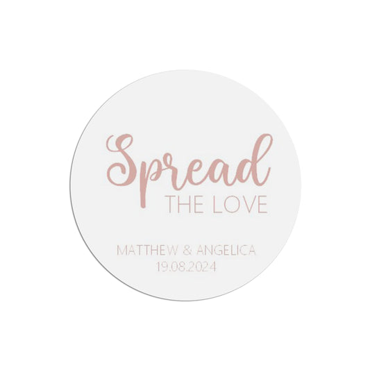 Spread The Love Wedding Sticker, Rose Gold Effect 37mm Round With Personalisation At The Bottom x 35 Stickers Per Sheet