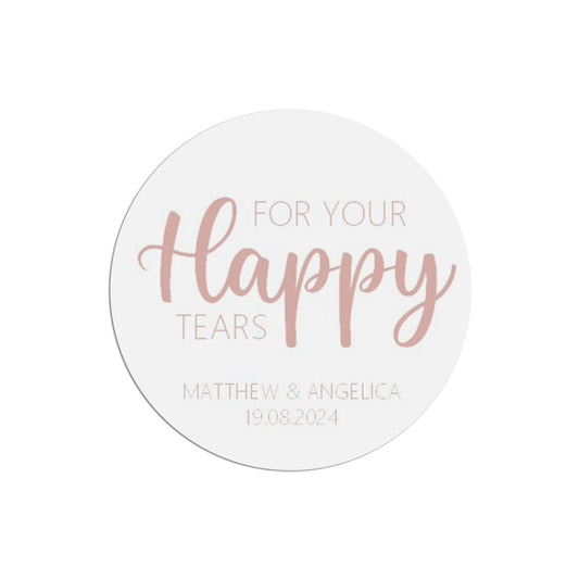 For Your Happy Tears Wedding Sticker, Rose Gold Effect 37mm Round With Personalisation At The Bottom x 35 Stickers Per Sheet