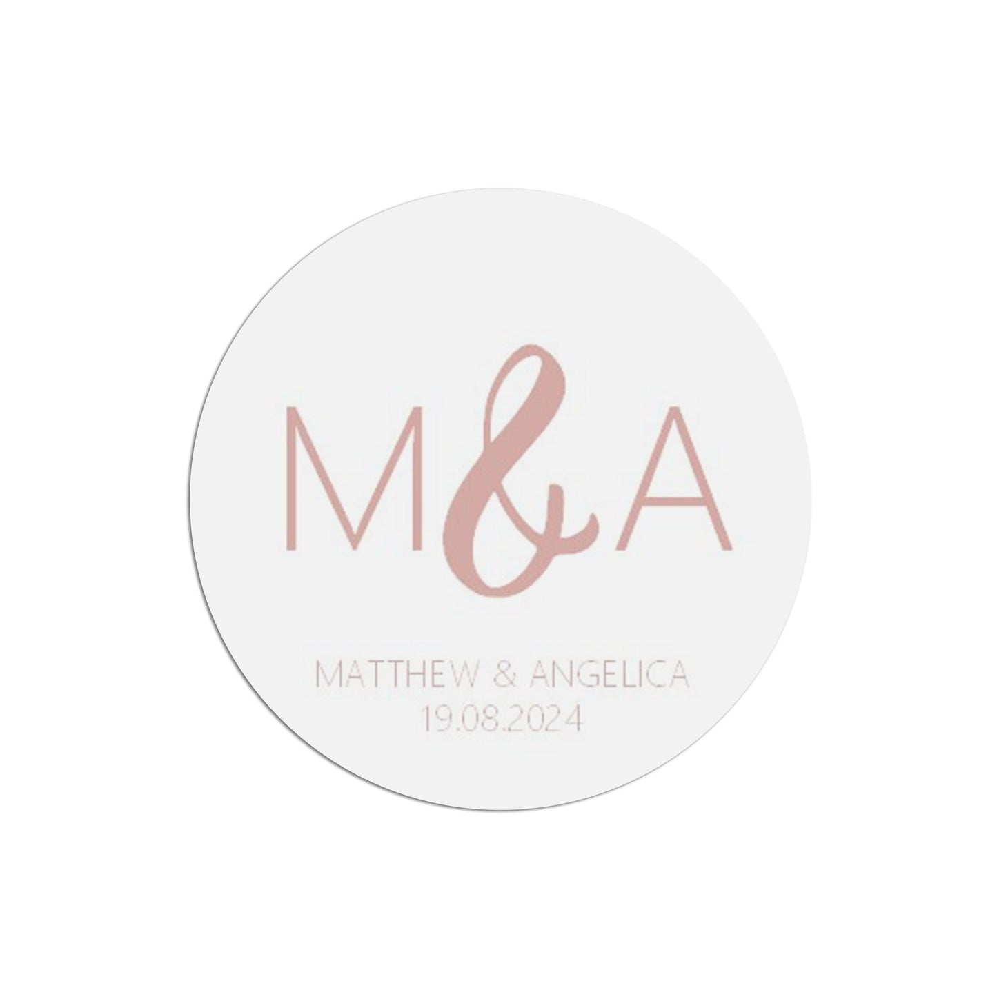 Monogram Initials Wedding Sticker, Rose Gold Effect 37mm Round With Personalisation At The Bottom x 35 Stickers Per Sheet