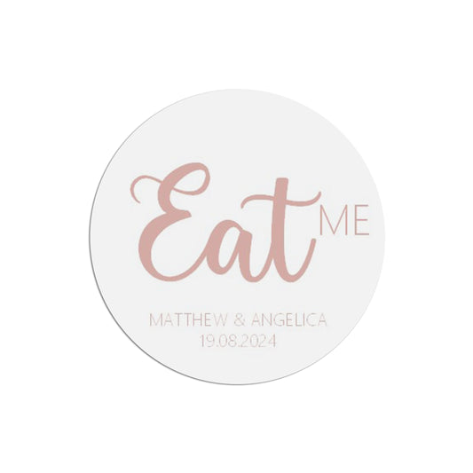 Eat Me Wedding Sticker, Rose Gold Effect 37mm Round With Personalisation At The Bottom x 35 Stickers Per Sheet