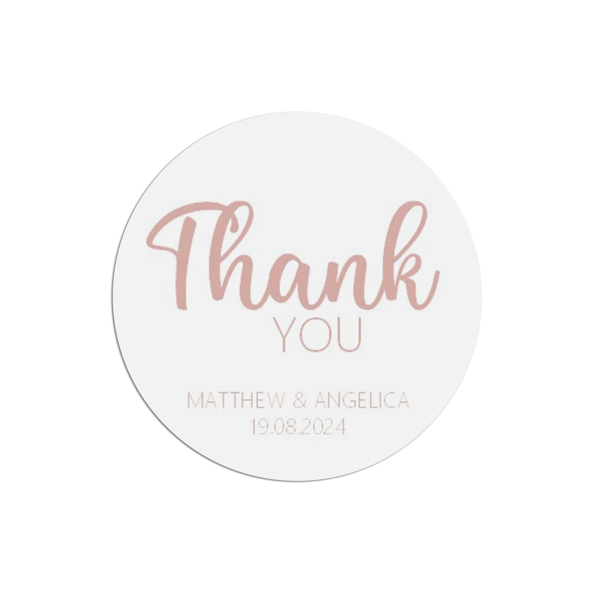 Thank You Wedding Stickers, Rose Gold Effect 37mm Round With Personalisation At The Bottom x 35 Stickers Per Sheet