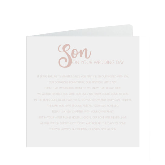 Son On Your Wedding Day Card, Rose Gold Effect 6x6 Inches In Size With A White Envelope