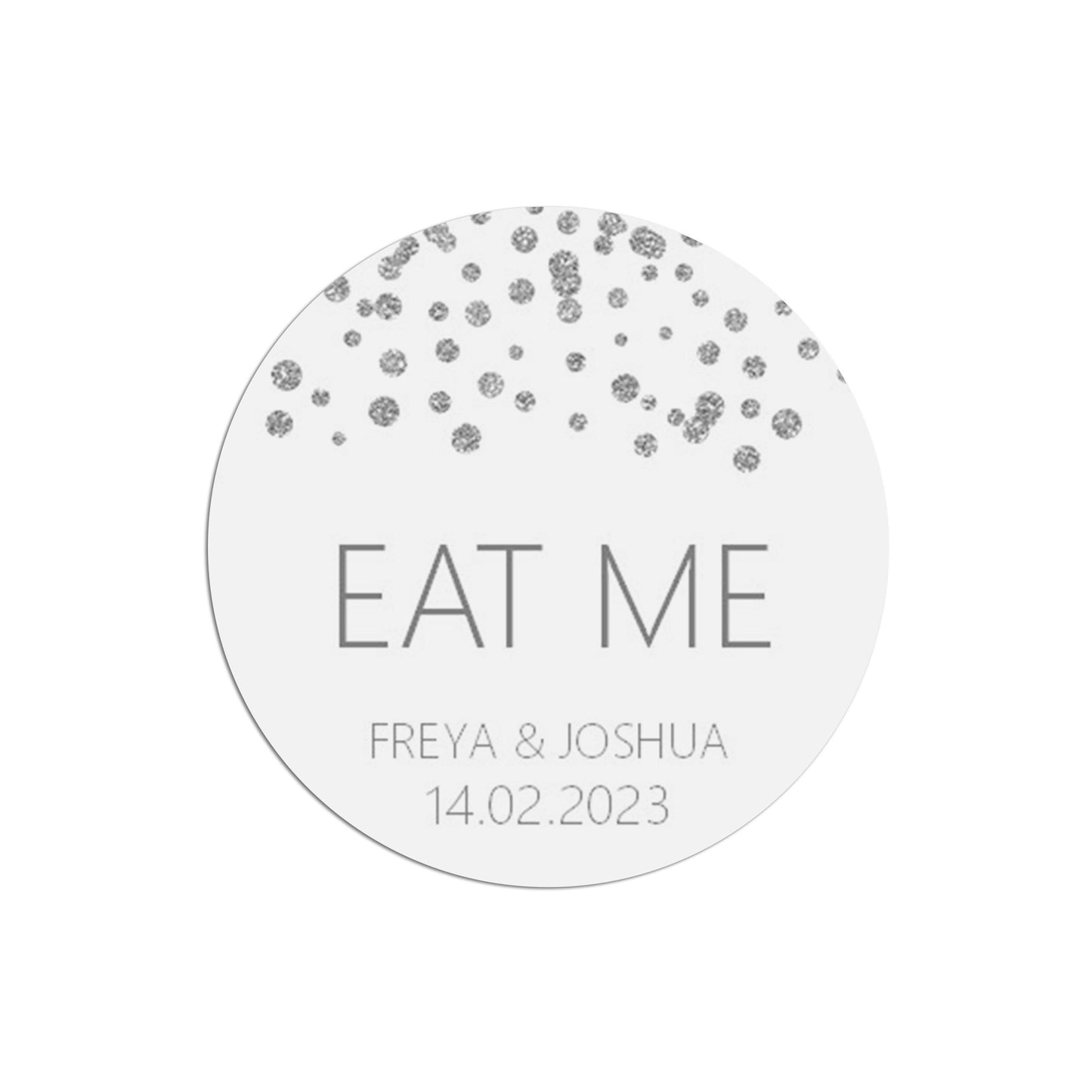 Eat Me Wedding Stickers, Silver Effect 37mm Round Personalised x 35 Stickers Per Sheet