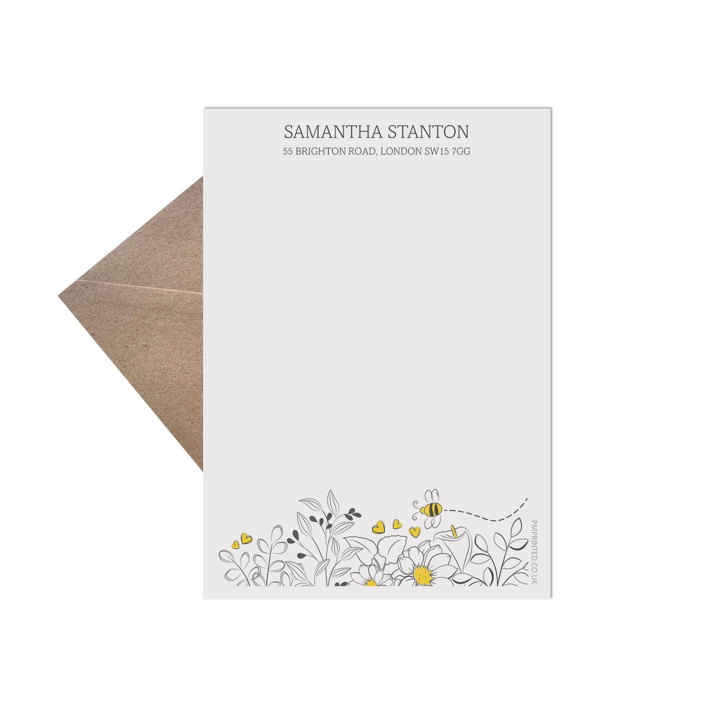 Personalised Adult Letter Writing Set, Bee Floral Design 20 Sheets Of Writing Paper & 20 Kraft Envelopes - PMPrinted