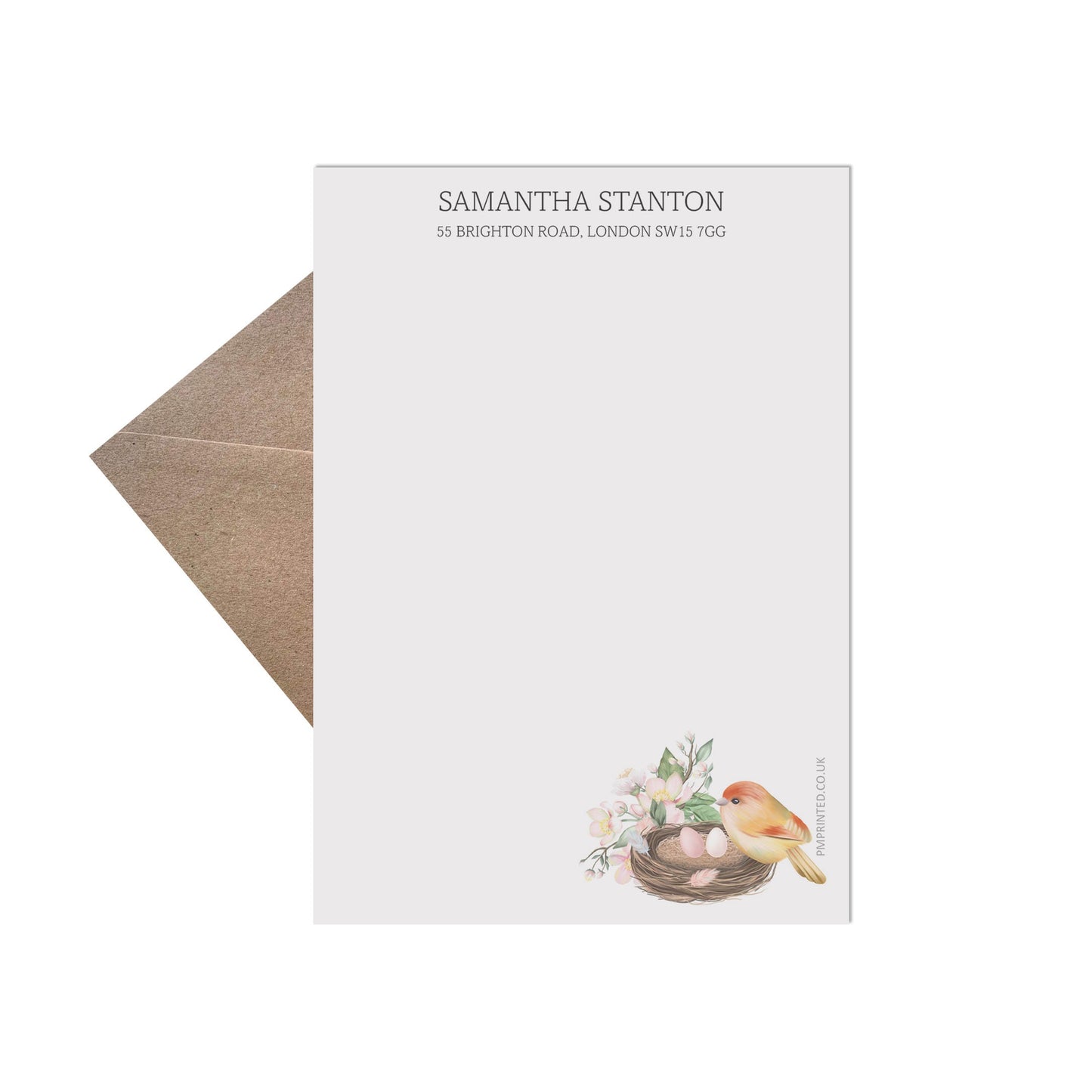 Personalised Writing Paper, Adult Letter Set, Watercolour Birds Nest Design 20 Sheets Of Writing Paper & 20 Kraft Envelopes