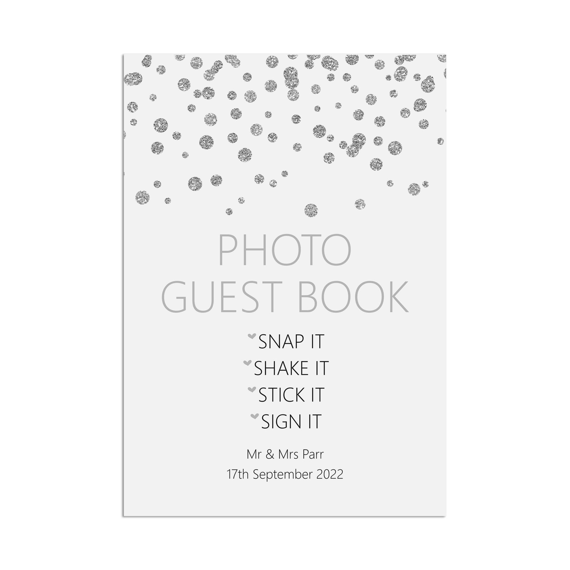 Photo Guest Book Wedding Sign, Personalised Silver Effect A5, A4 Or A3 Sign