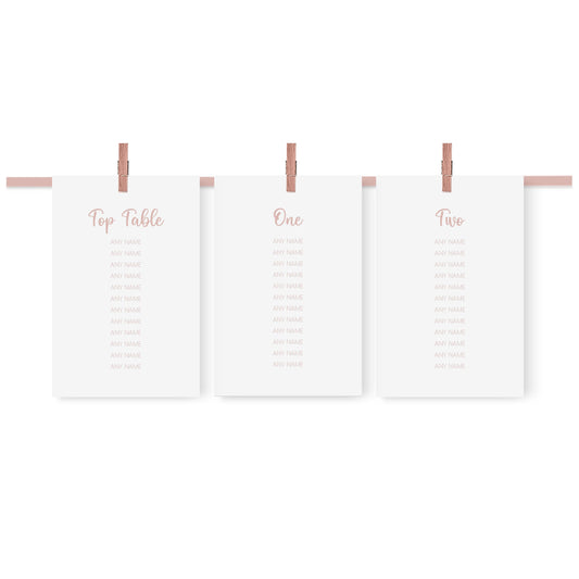 Rose Gold Wedding Table Plan Seating Hanging Cards - 3 Sizes Available