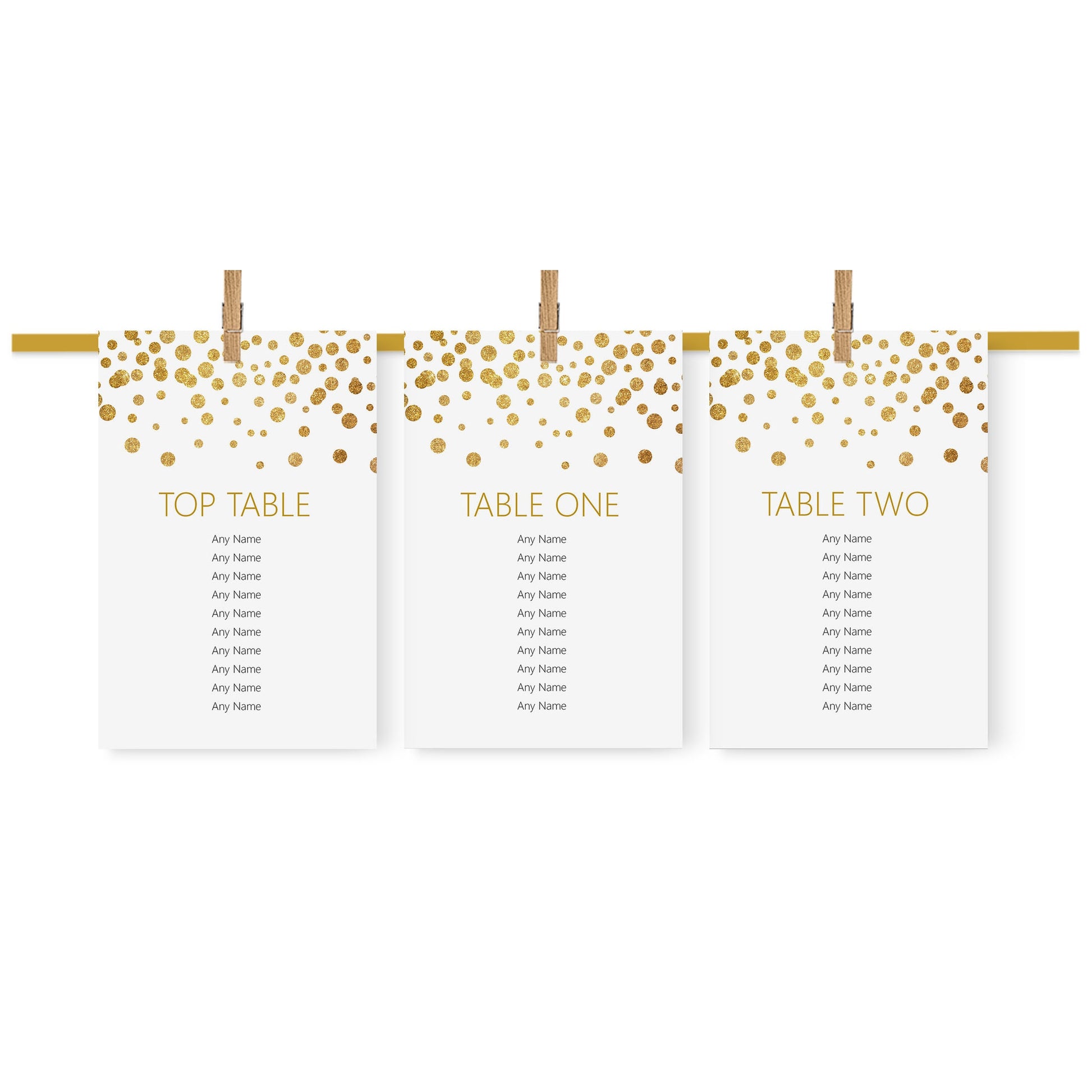 Gold Confetti Wedding Table Plan Seating Hanging Cards - 3 Sizes Available