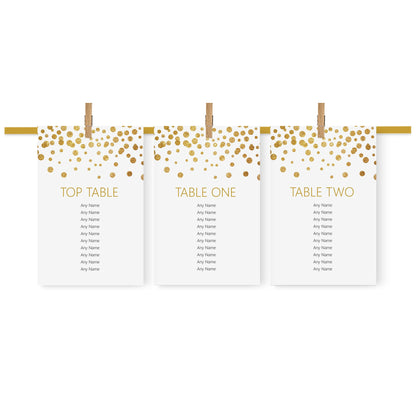 Gold Confetti Wedding Table Plan Seating Hanging Cards - 3 Sizes Available