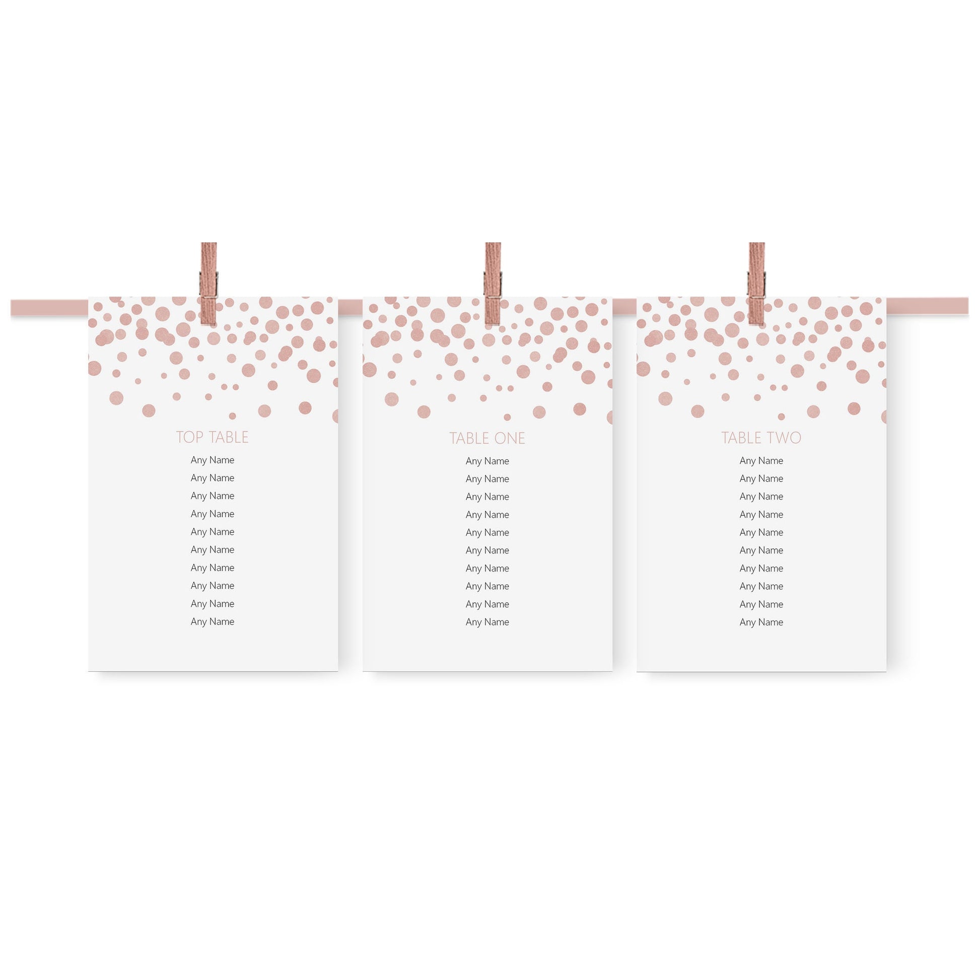 Blush Confetti Wedding Table Plan Seating Hanging Cards - 3 Sizes Available