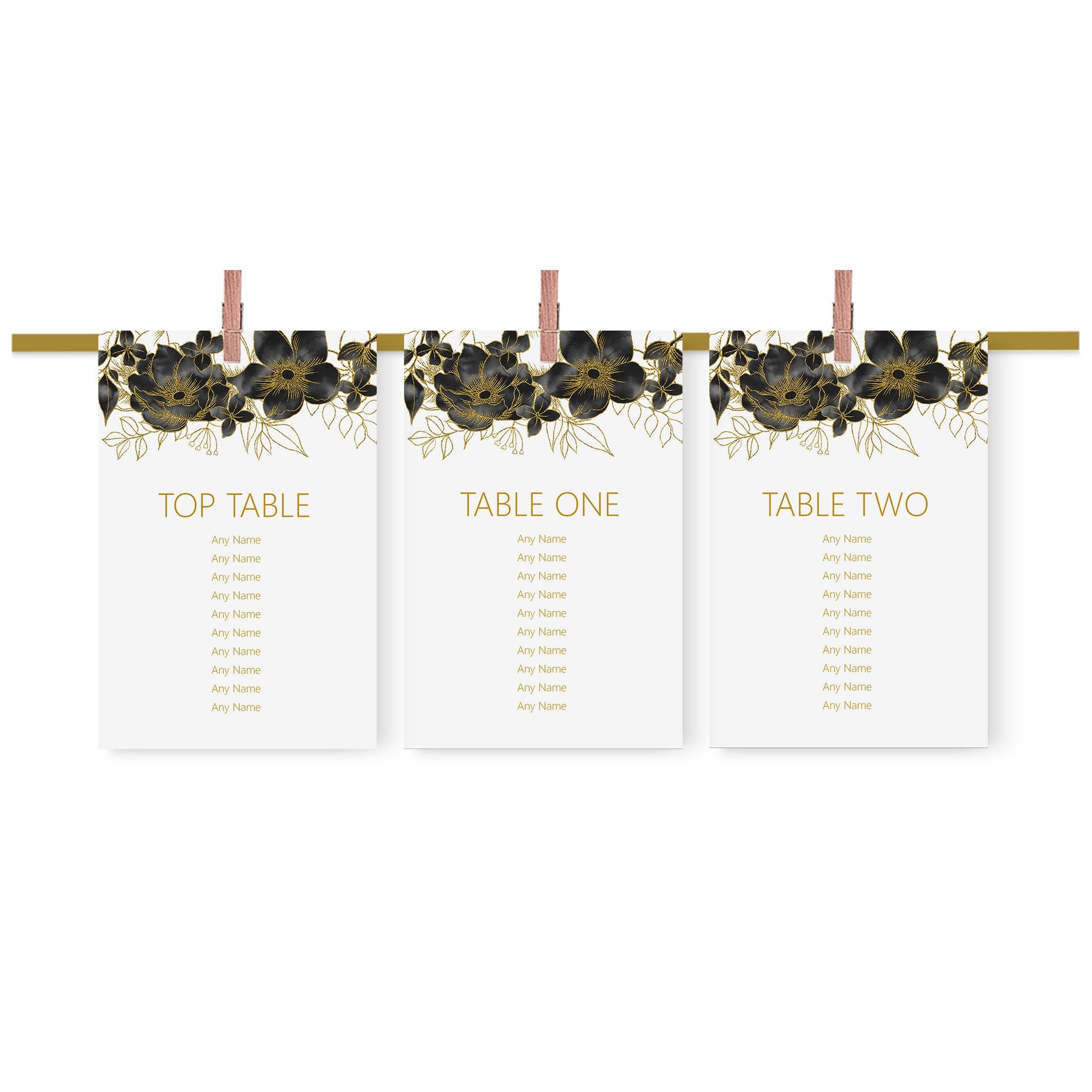 Black & Gold Wedding Table Plan Seating Hanging Cards - 3 Sizes Available