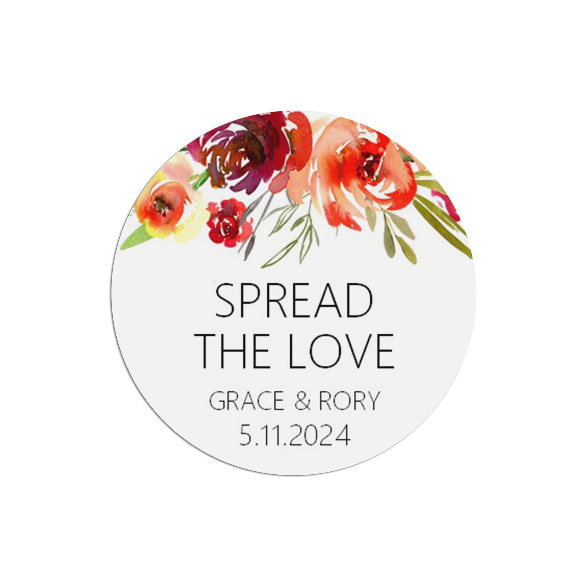 Wedding Favour Stickers, Red Floral 'Spread The Love' - Personalised, 35 Stickers Per Sheet, 37mm Round