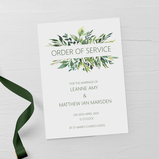 Printed Order Of Service - Greenery