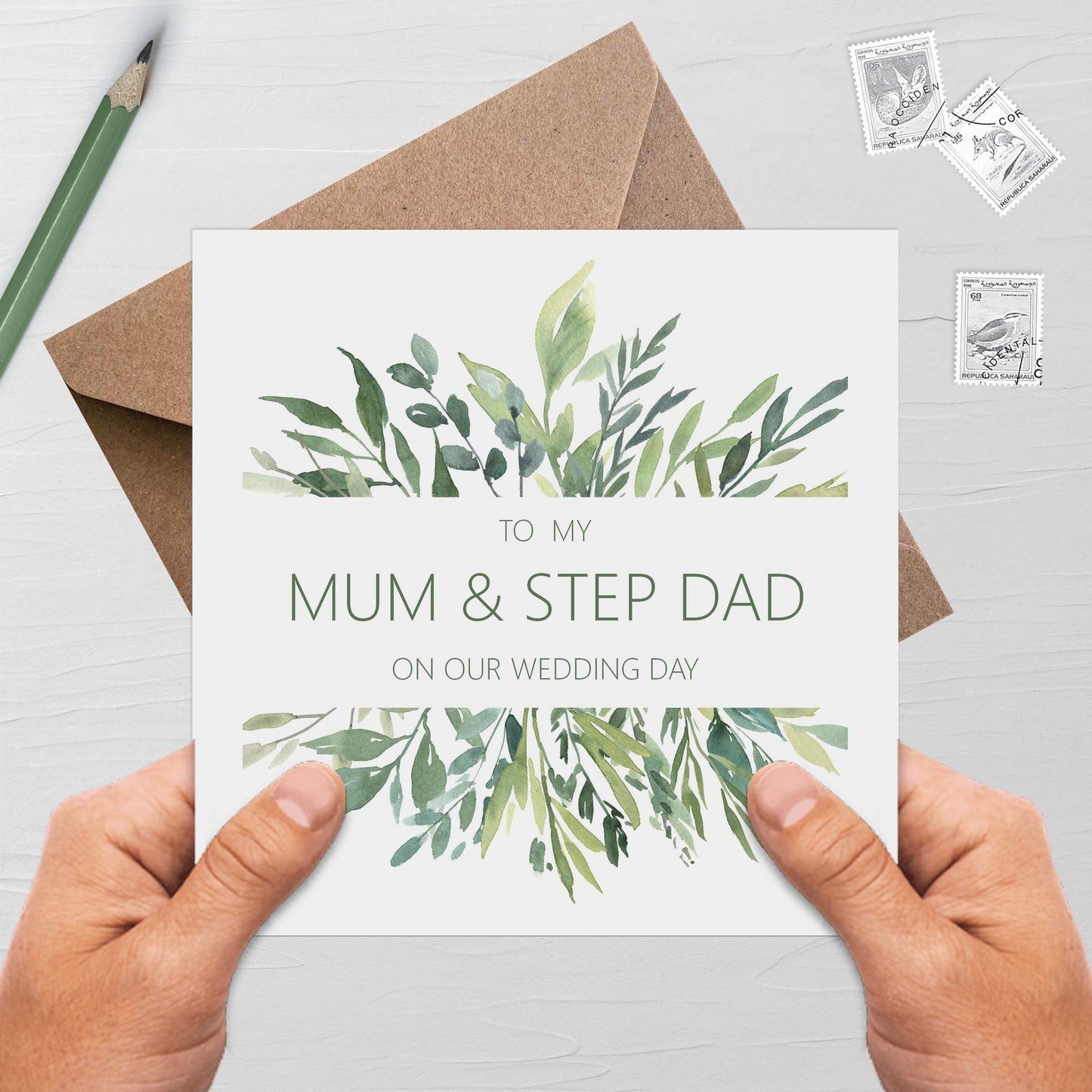 Mum & Step-Dad On Our Wedding Day Card - Greenery