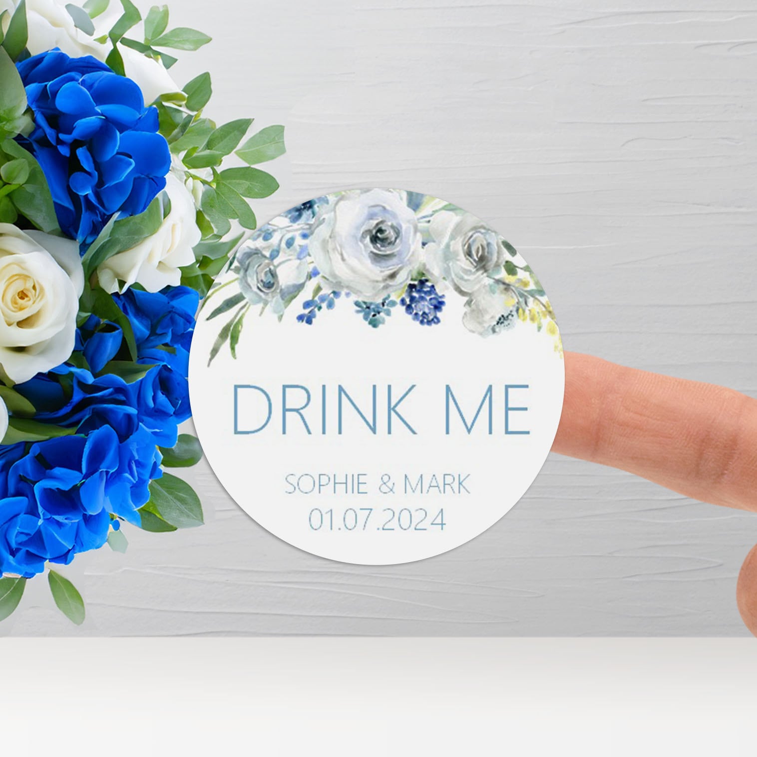 Drink Me Wedding Stickers - Blue Floral