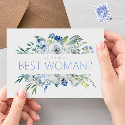 Will You Be My Best Woman? Wedding Proposal Card - Blue Floral