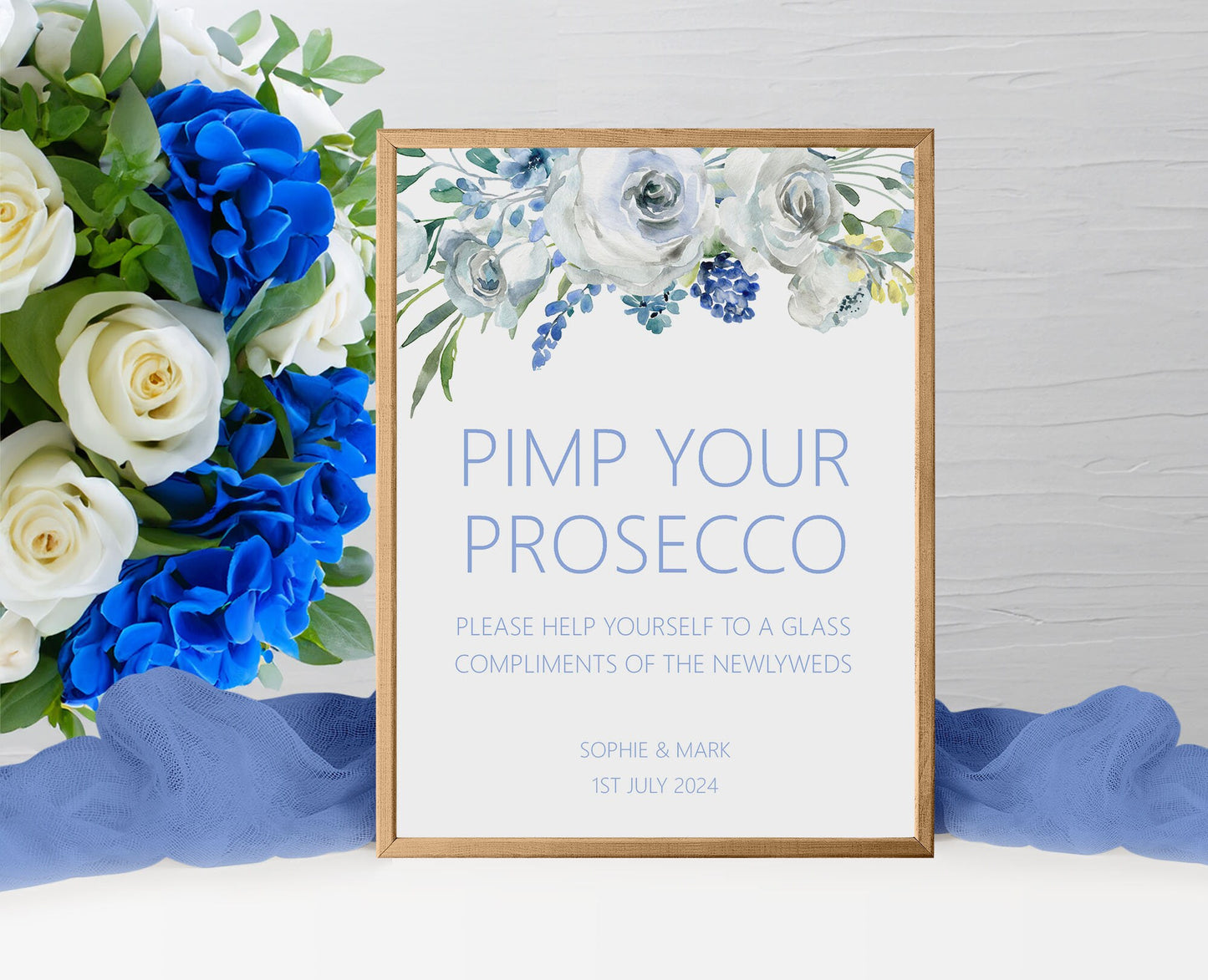 Pimp Your Prosecco Wedding Sign - Blue Floral