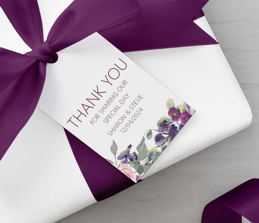 Thank You For Sharing Our Special Day Wedding Gift Tags, Purple Floral Personalised Pack Of 10