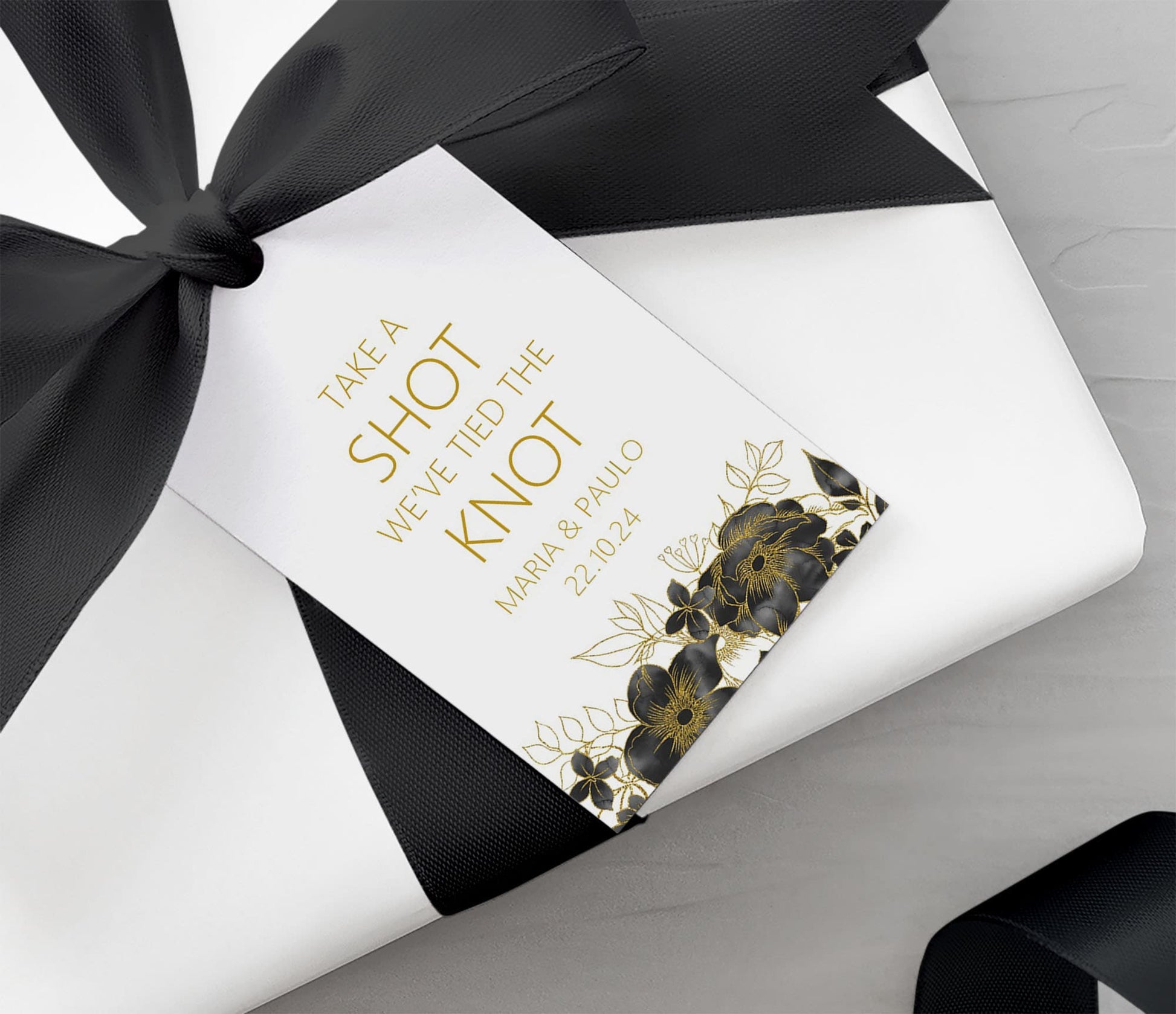 Take A Shot We've Tied The Knot Gift Tags, Black & Gold Personalised Pack Of 10