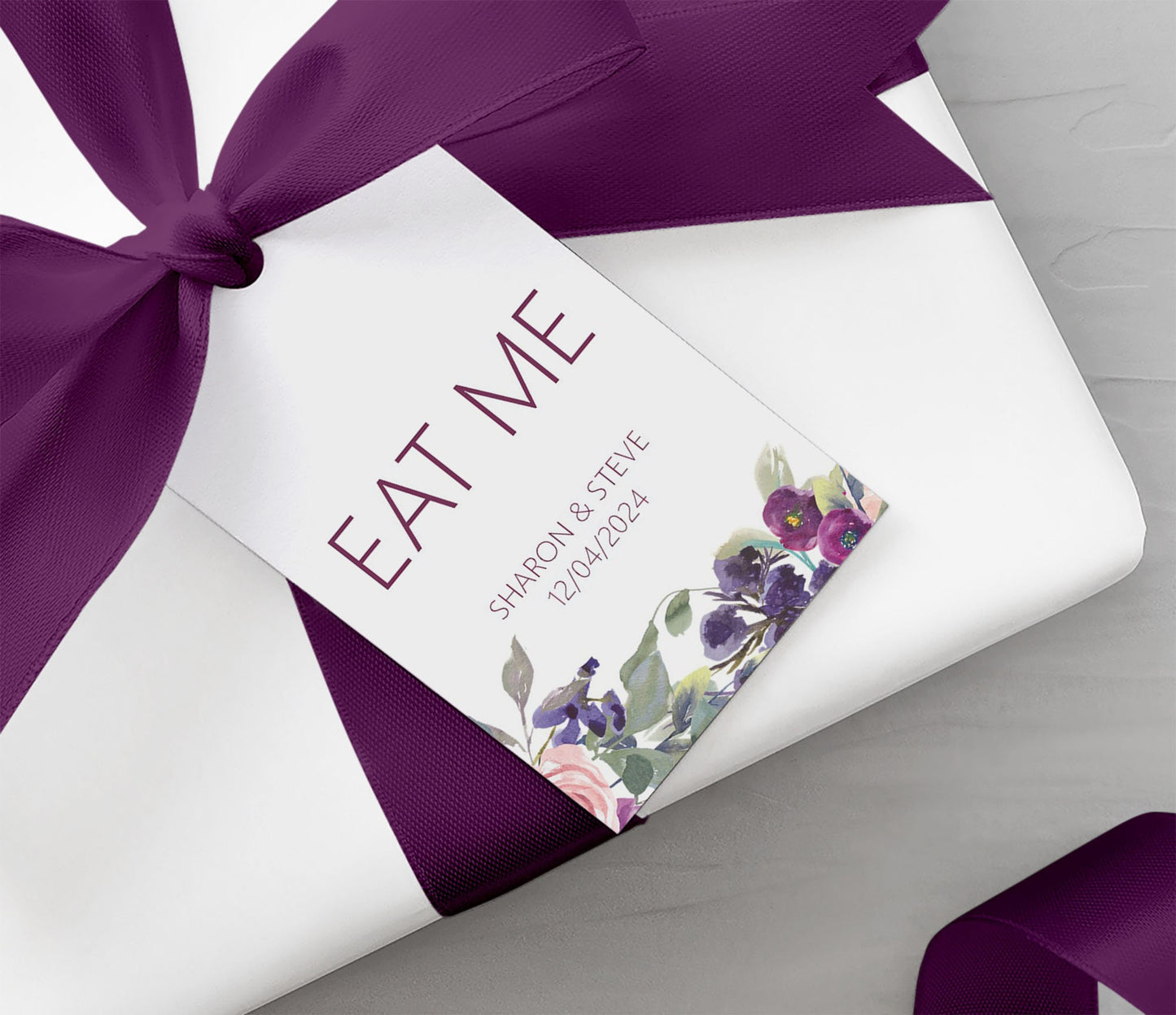 Eat Me Wedding Gift Tags, Purple Floral Personalised Pack Of 10