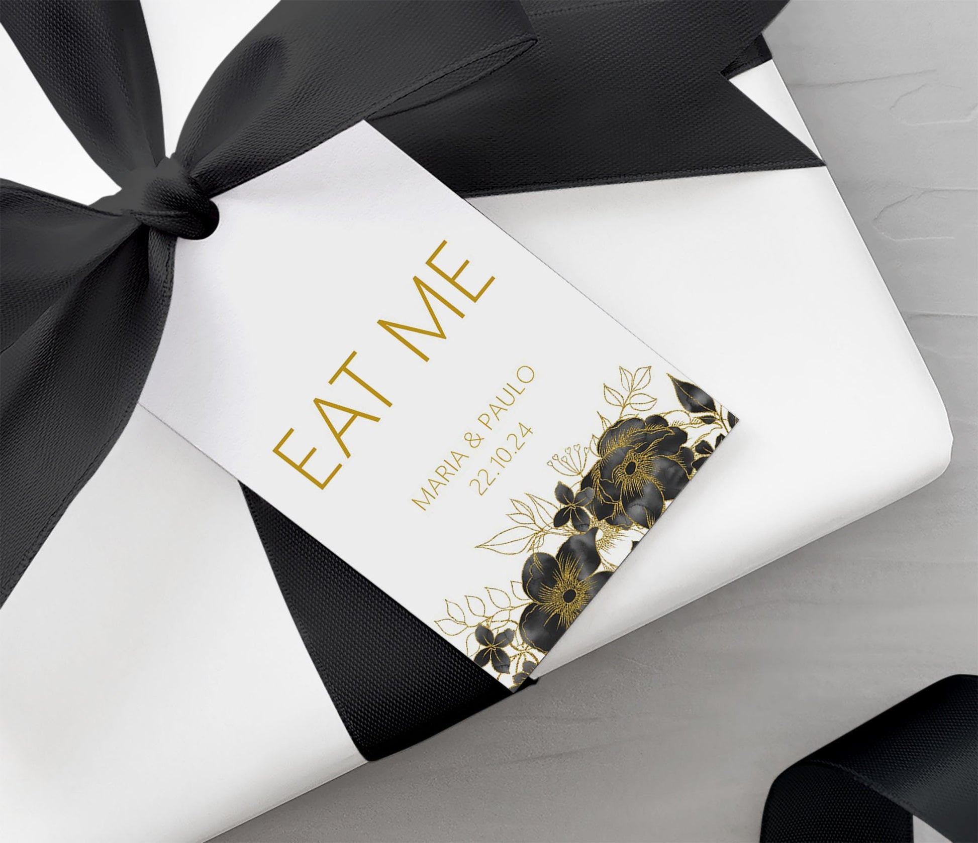Eat Me Favour Gift Tags, Black & Gold Personalised Pack Of 10