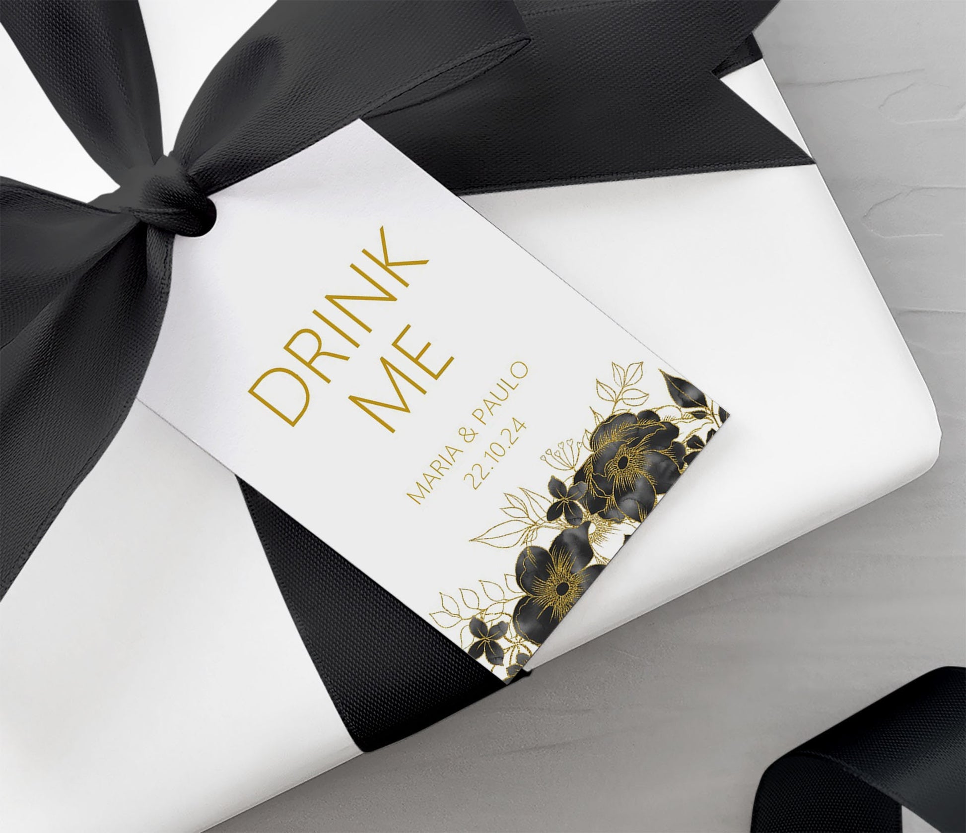 Drink Me Favour Gift Tags, Black and Gold Personalised Pack Of 10