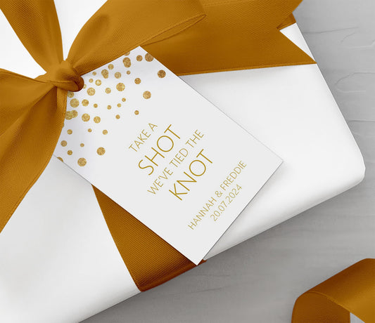 Gold effect Take a shot we've tied the knot gift tags, Personalised pack of 10