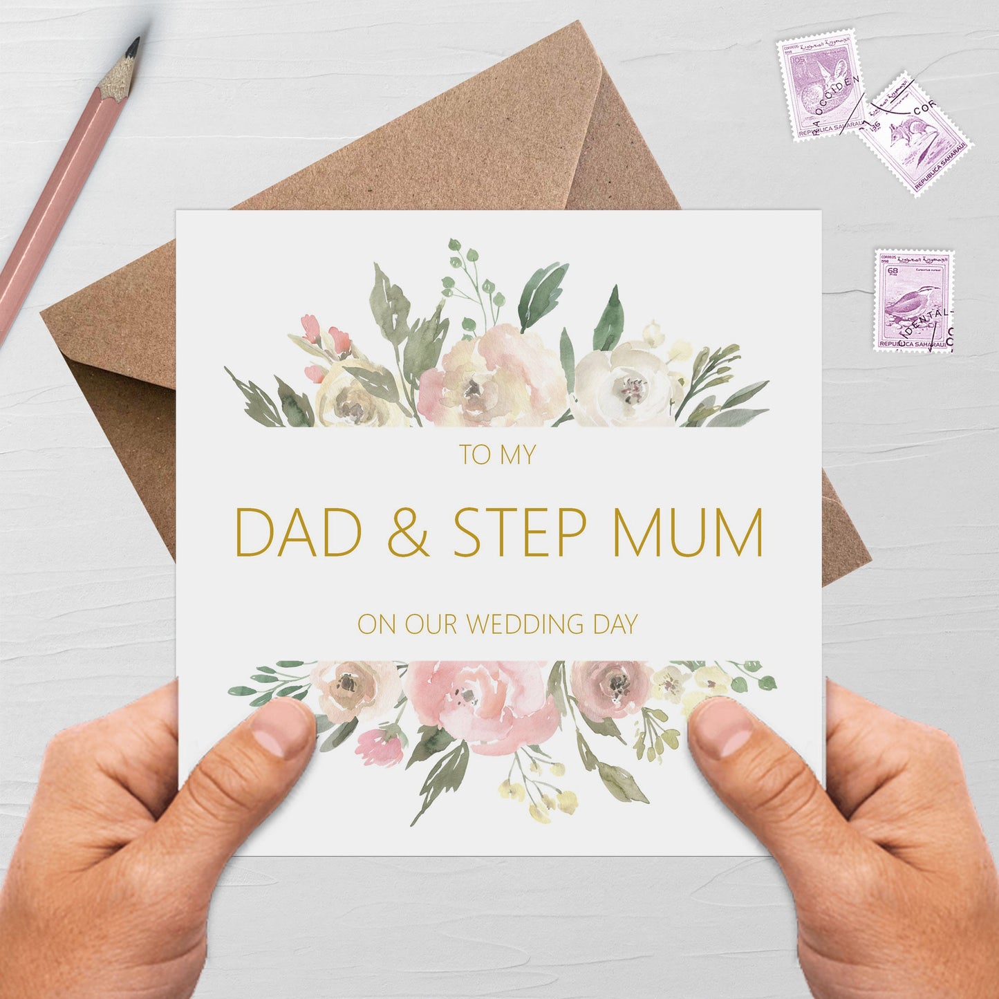 Dad & Step-Mum On Our Wedding Day Card - Blush Floral