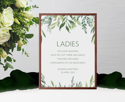 Ladies Toiletries Wedding Sign - Greenery