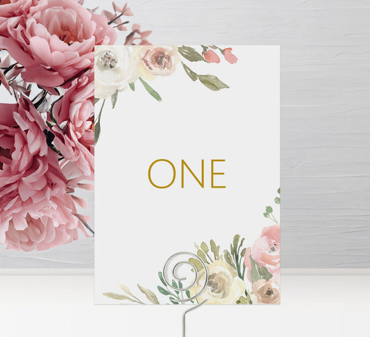 Table Number Cards - Numbers 1-15 & Top Table - Blush Floral