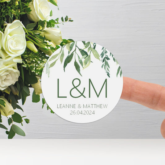 Monogram Initials Wedding Stickers - Greenery