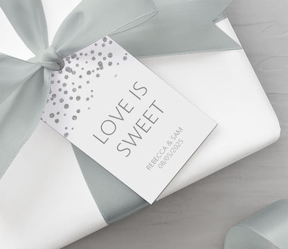 Love Is Sweet Wedding Gift Tags, Silver Effect Personalised Pack Of 10