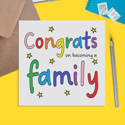 Congratulations On Becoming A Family Colourful Adoption Card For Newly Adopted Child Or Family.