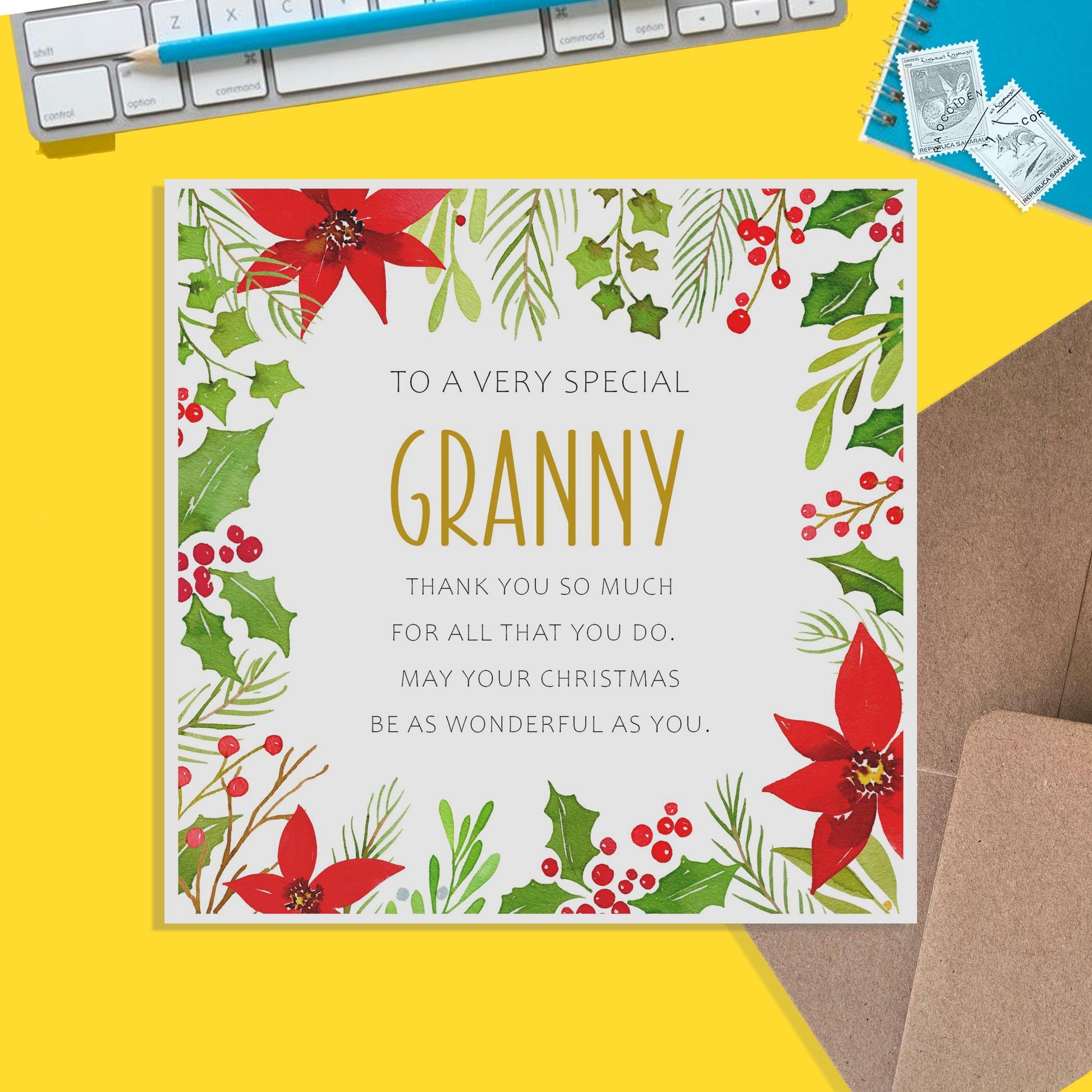 Granny Christmas Card, Traditional Poinsettia Design - PMPrinted