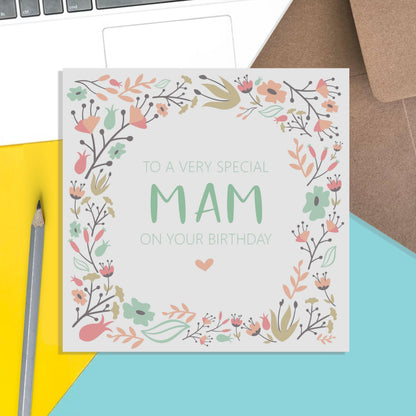 Mam Birthday Card, Sage & Peach Flower Design - PMPrinted