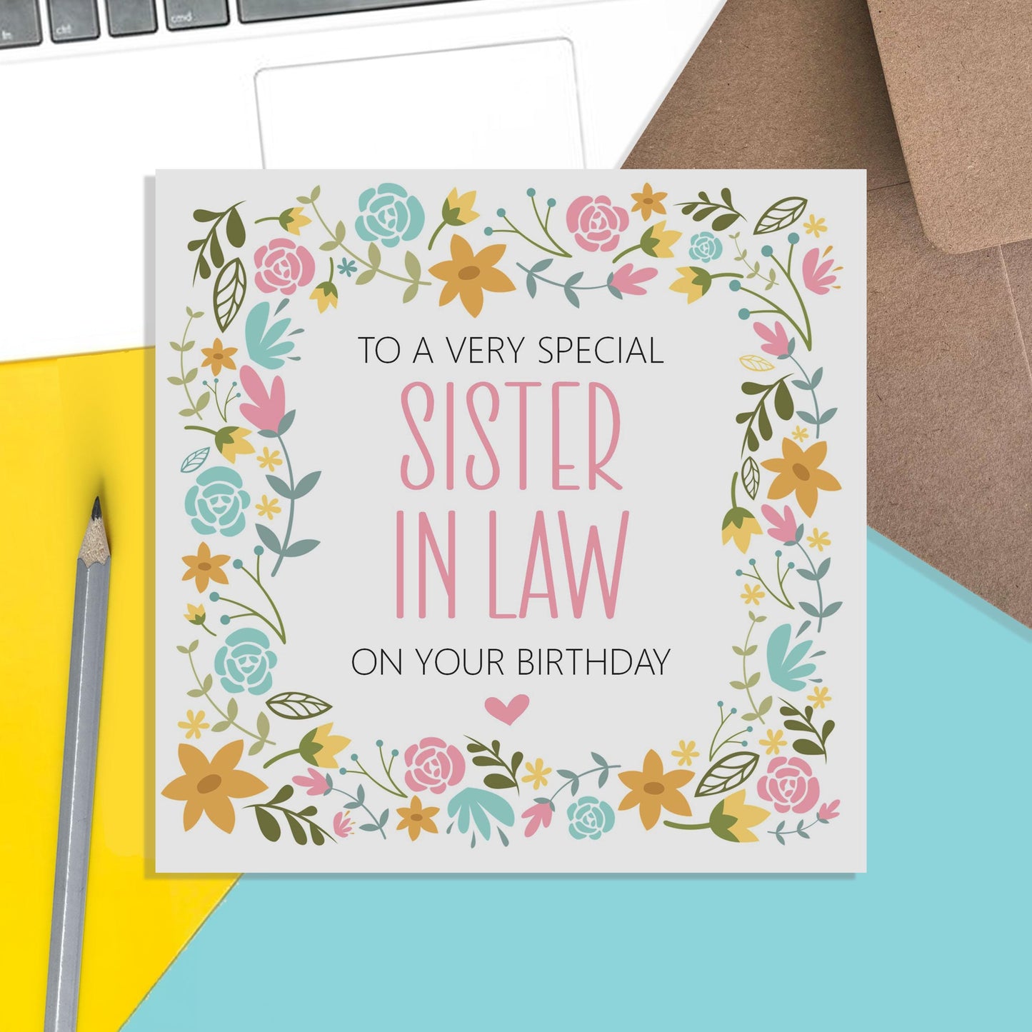 Sister-In-Law Birthday Card, Pink Flowers Border - PMPrinted