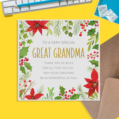 Great Grandma Christmas Card, Traditional Poinsettia Design - PMPrinted