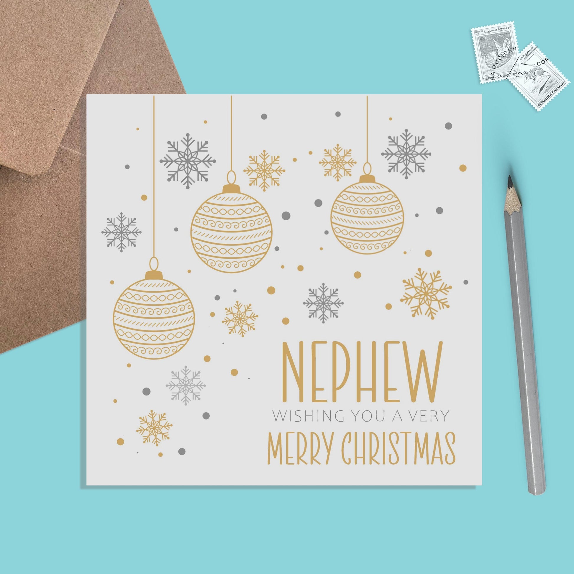 Nephew Christmas Card, Gold Bauble Design - PMPrinted