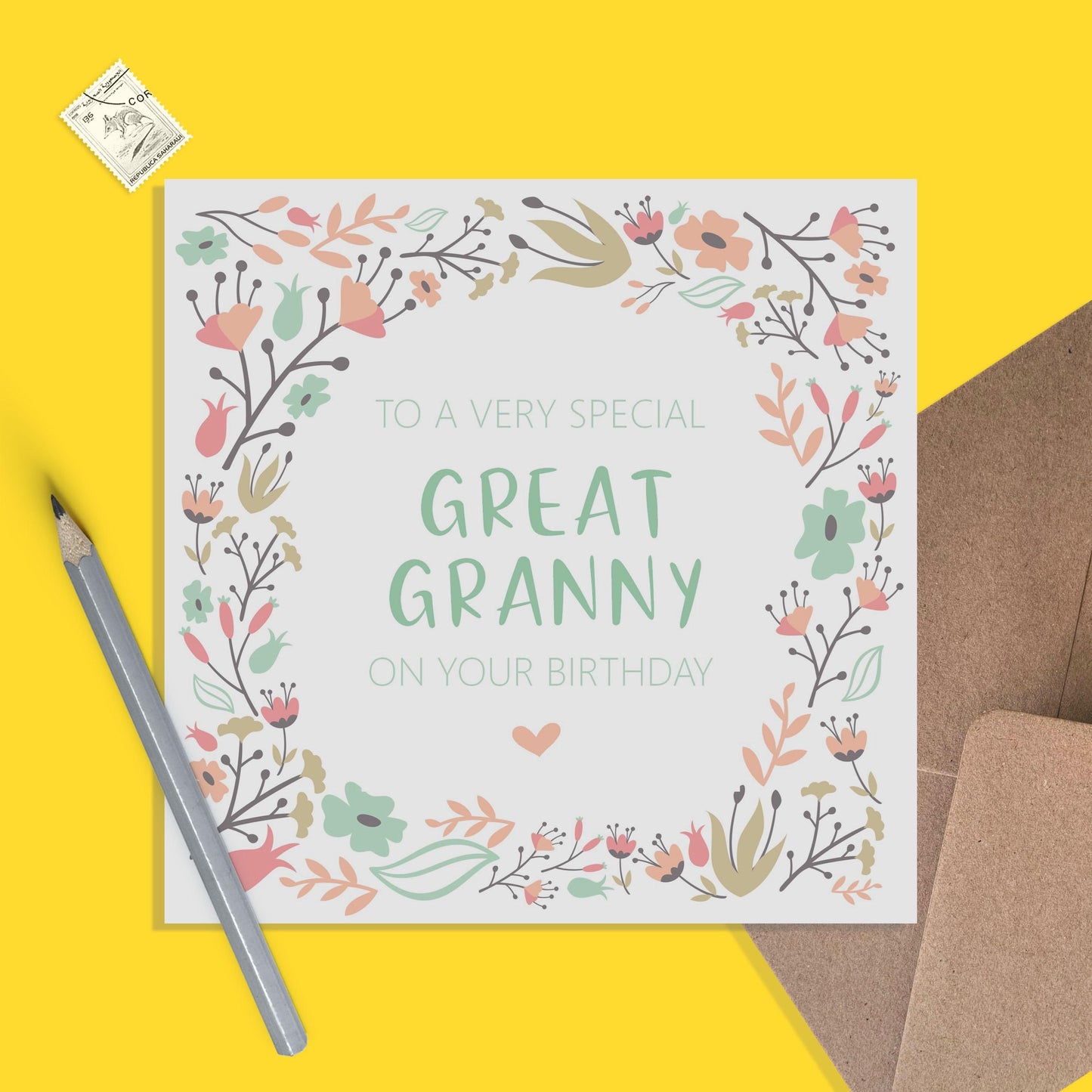 Great Granny Birthday Card, Sage & Peach Flower Design - PMPrinted