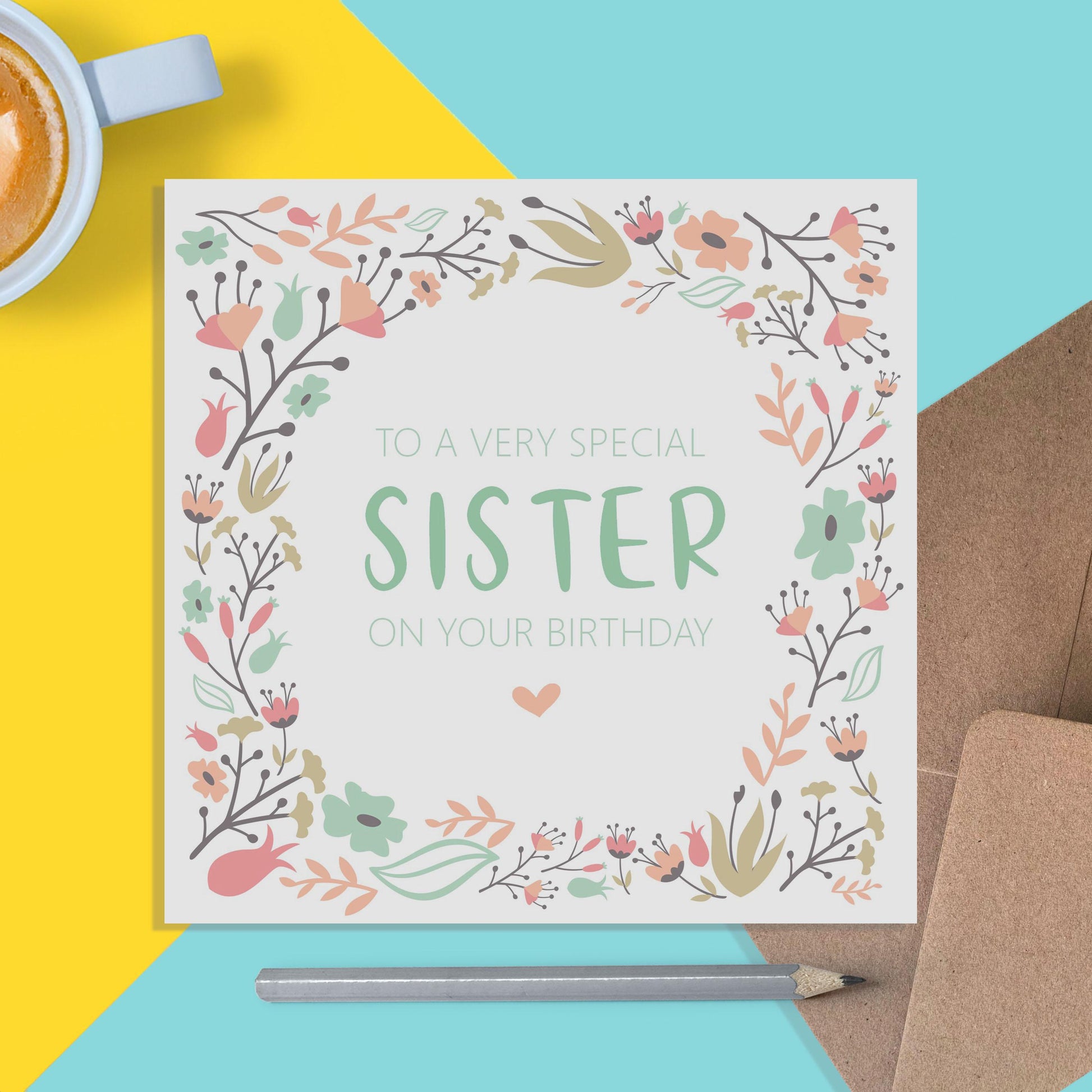 Sister Birthday Card, Sage & Peach Flower Design - PMPrinted