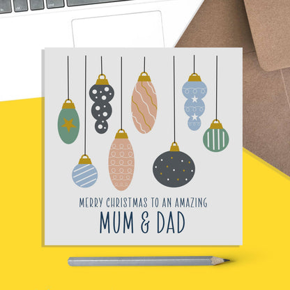 Mum & Dad Christmas Card - For parents From Son Or Daughter, Hanging Baubles design - PMPrinted