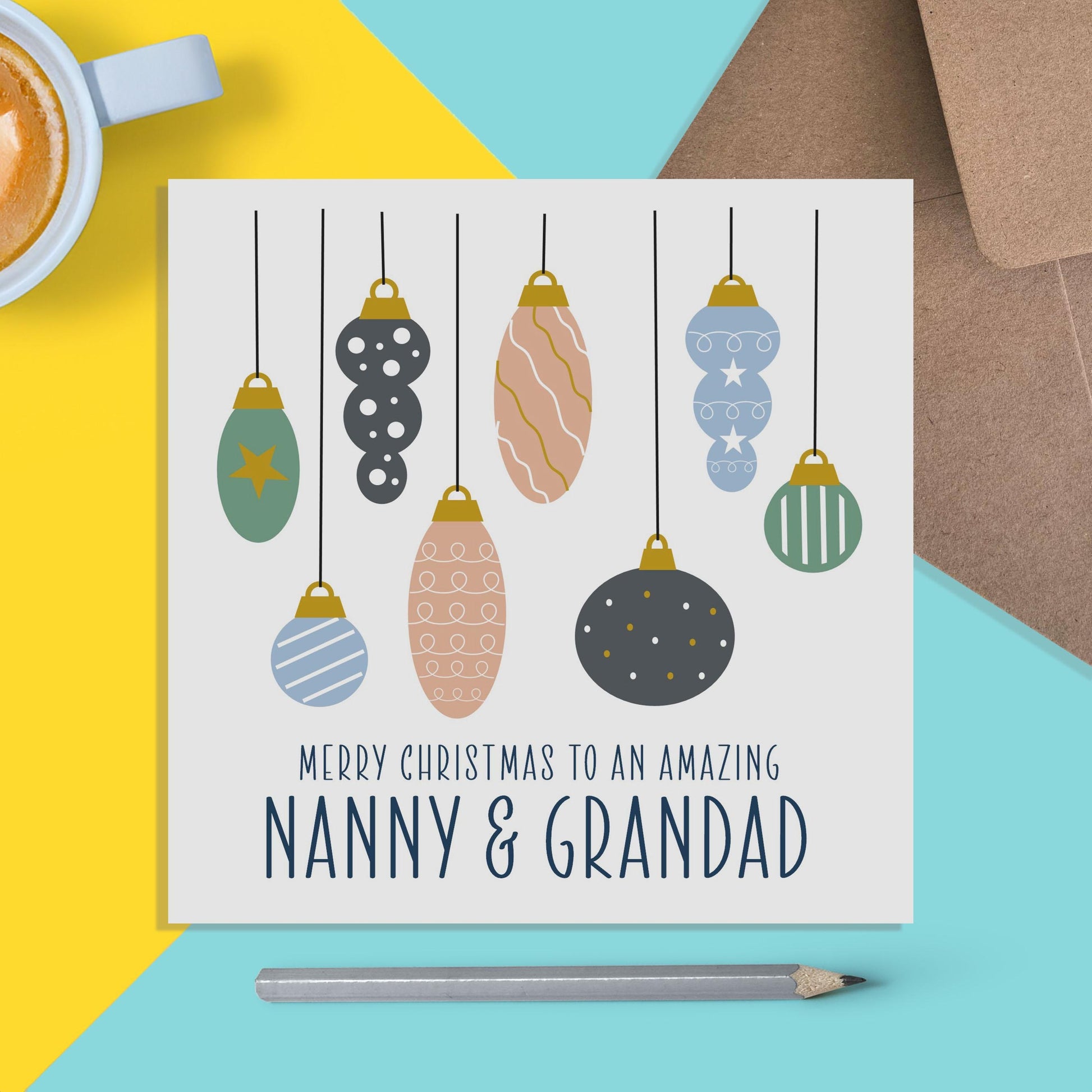 Nanny And Grandad Christmas Card -For Grandparents From Grandson Or Granddaughter, Hanging Baubles Design - PMPrinted